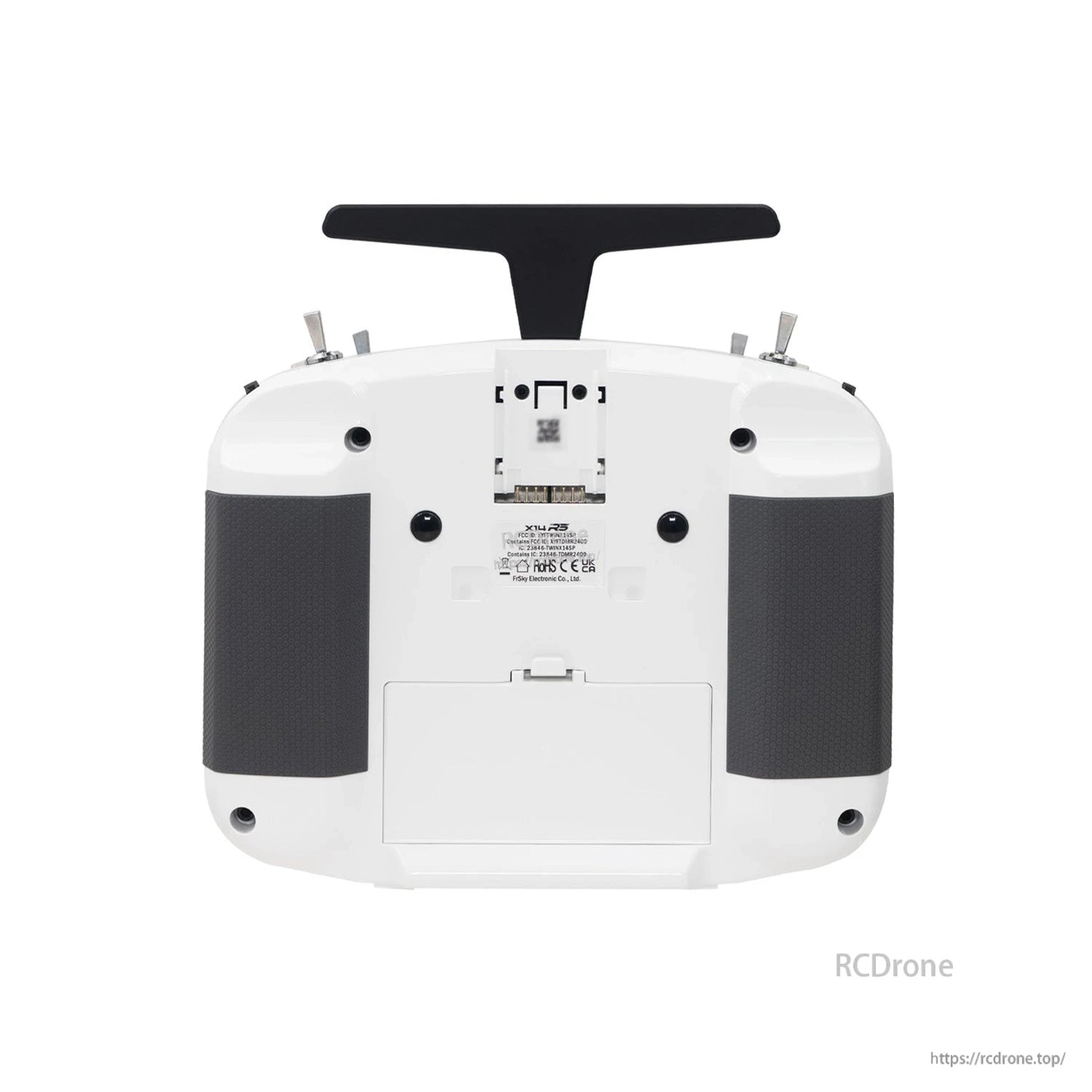 White X14RS transmitter rear view showing grip pads, battery compartment door and rear label area