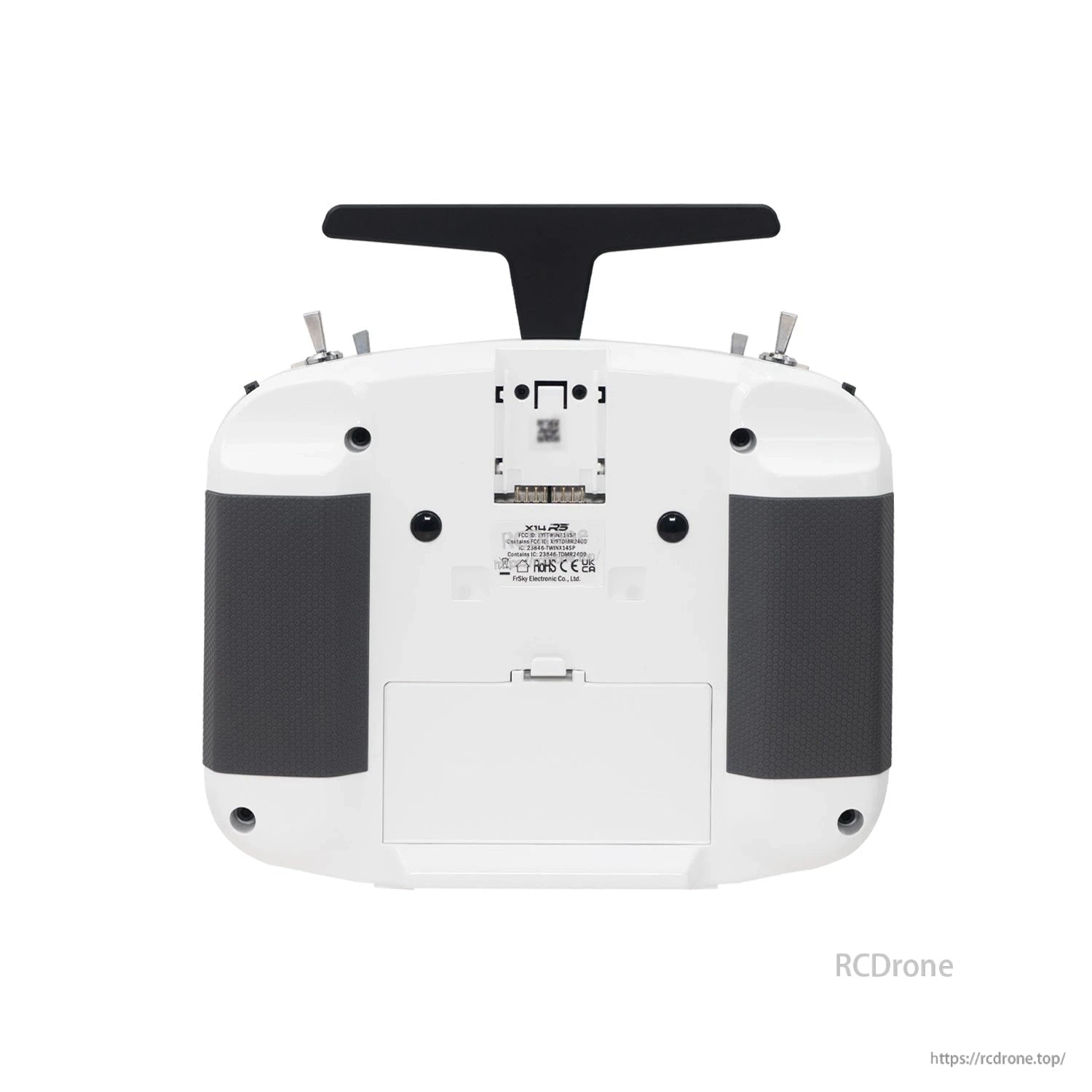 White X14RS transmitter rear view showing grip pads, battery compartment door and rear label area