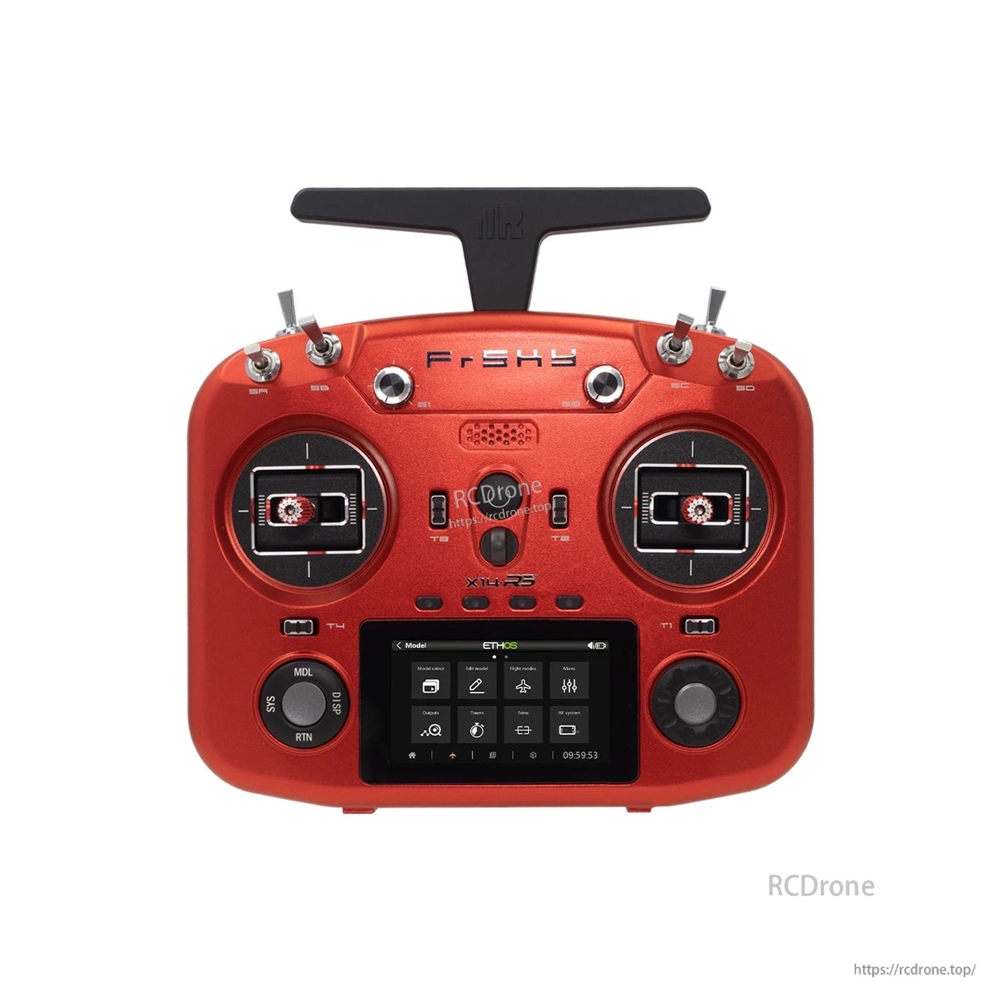 Metallic red X14RS transmitter front view with ETHOS touchscreen home screen and control layout