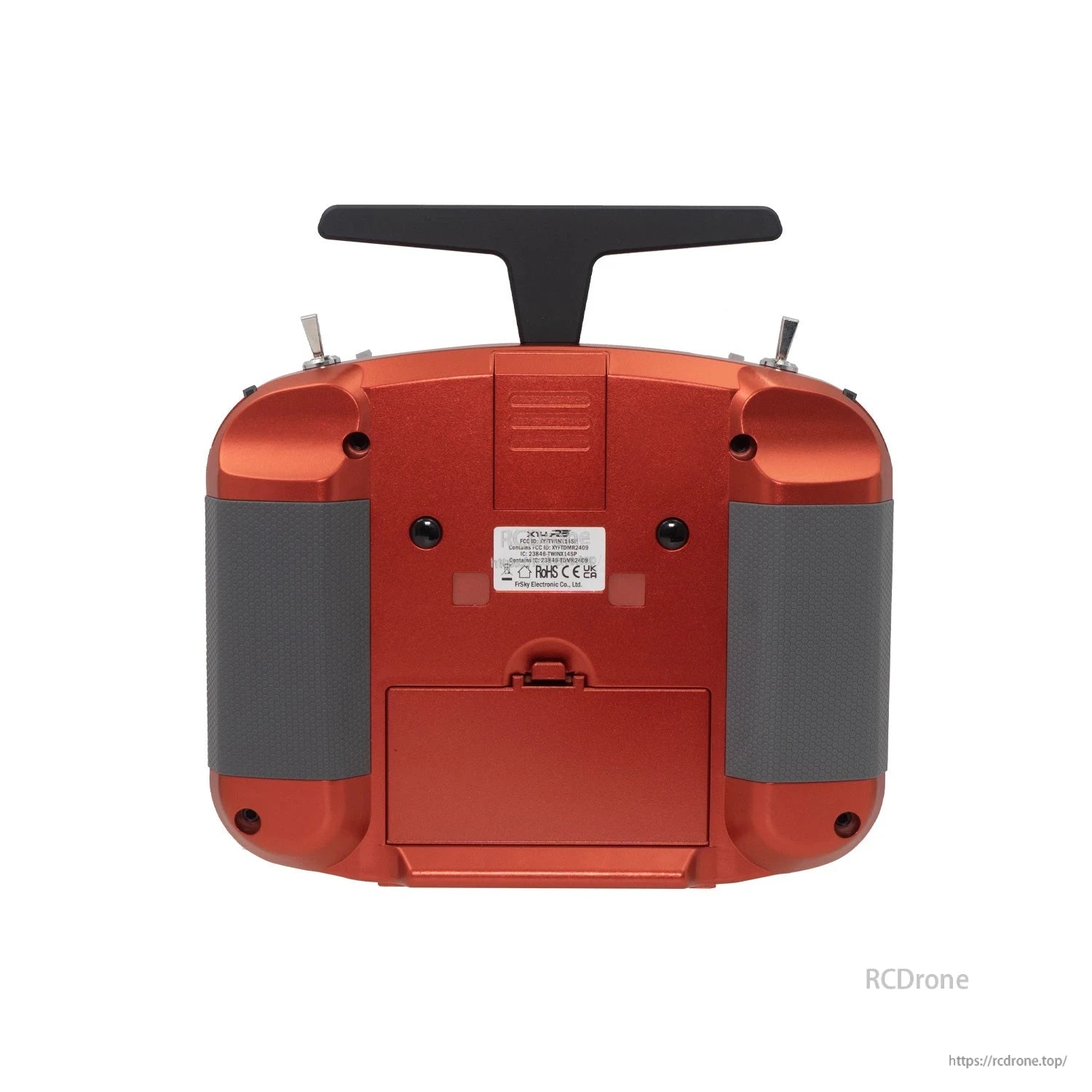 Metallic red X14RS transmitter rear view with textured grips, battery door and rear mounting area