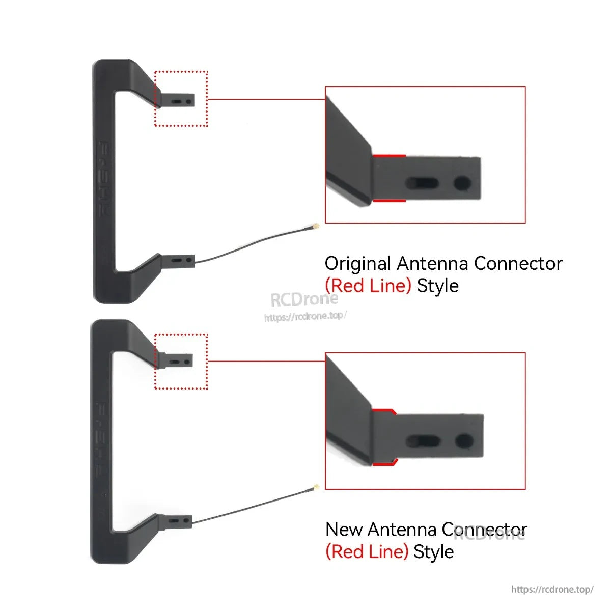 FrSky X20/X18 replacement handle with built-in 900MHz antenna, comparing original vs new red-line connector