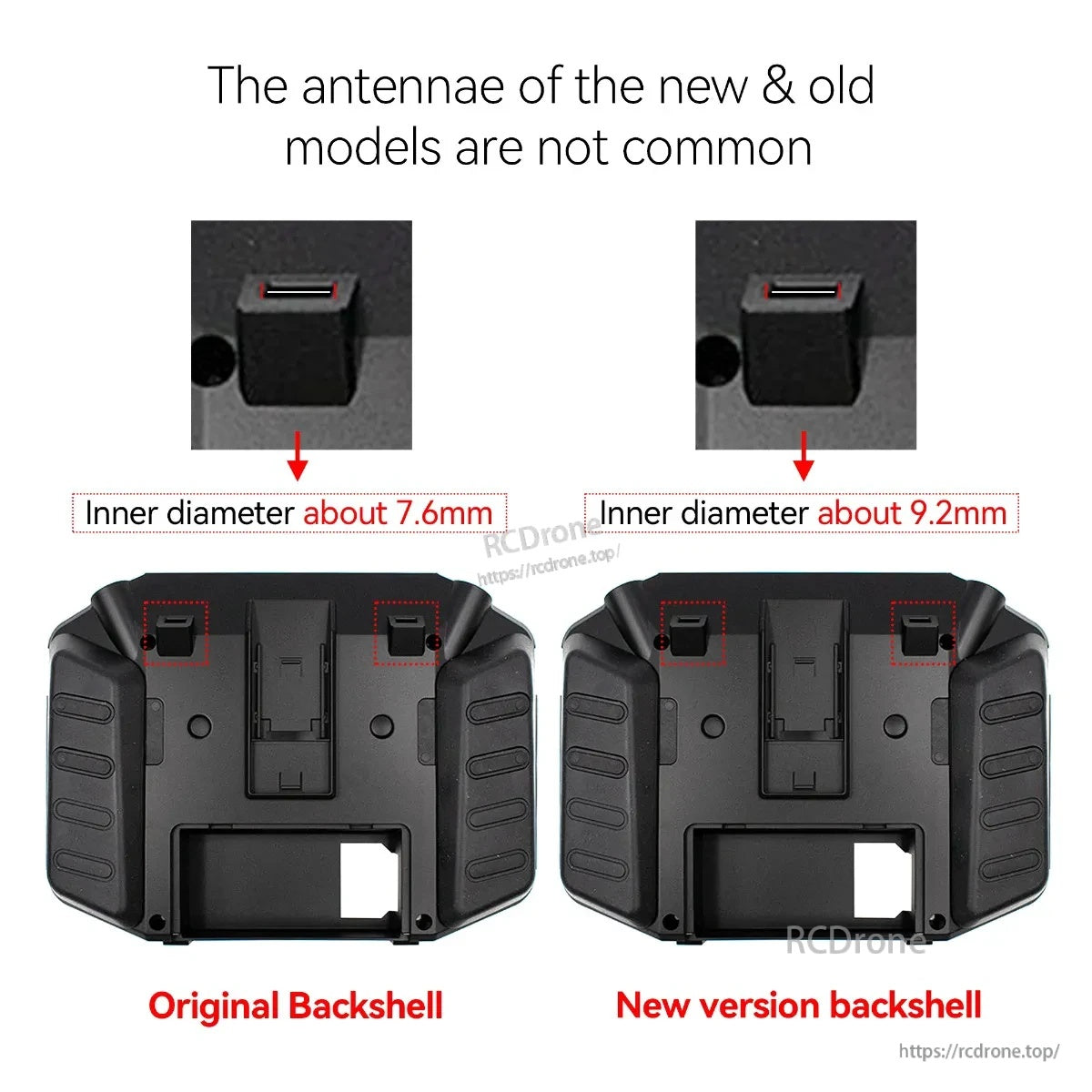 FrSky X20/X18 backshell compatibility guide: original shell ~7.6mm vs new version ~9.2mm inner diameter