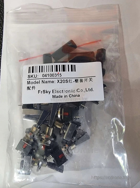 Bag of multiple flat toggle switches with mounting nuts and washers, sealed in zip plastic pouch