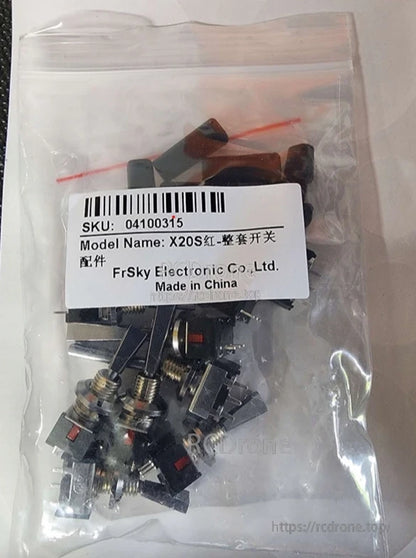 Bag of multiple flat toggle switches with mounting nuts and washers, sealed in zip plastic pouch