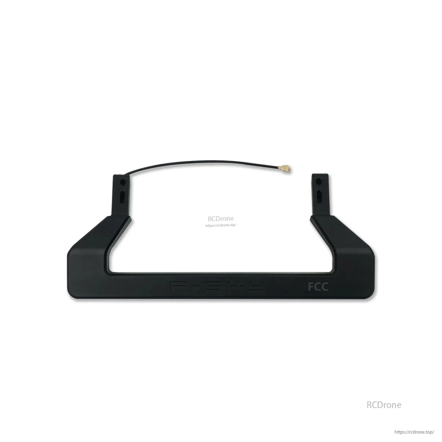 Black FrSky radio transmitter handle with integrated antenna cable and gold connector, front view