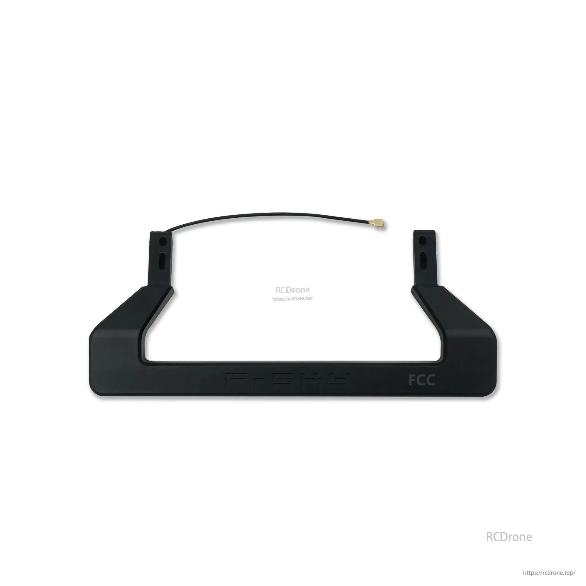 Black FrSky radio transmitter handle with integrated antenna cable and gold connector, front view