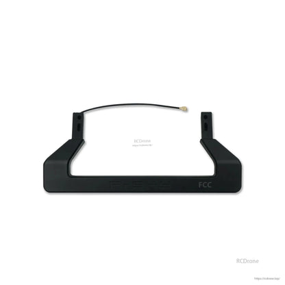 Black FrSky radio transmitter handle with integrated antenna cable and gold connector, front view