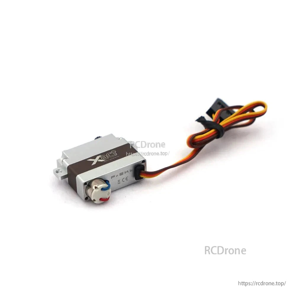 Rear end view of Xact servo with 3-wire cable exiting case and close-up of motor end