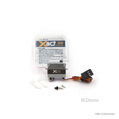 Xact retail case and contents shown together, with feature list label visible on packaging