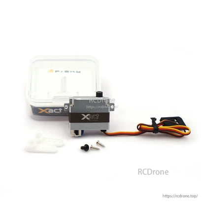 FrSky Xact servo kit layout with storage case, servo, servo horns, screws, and grommets