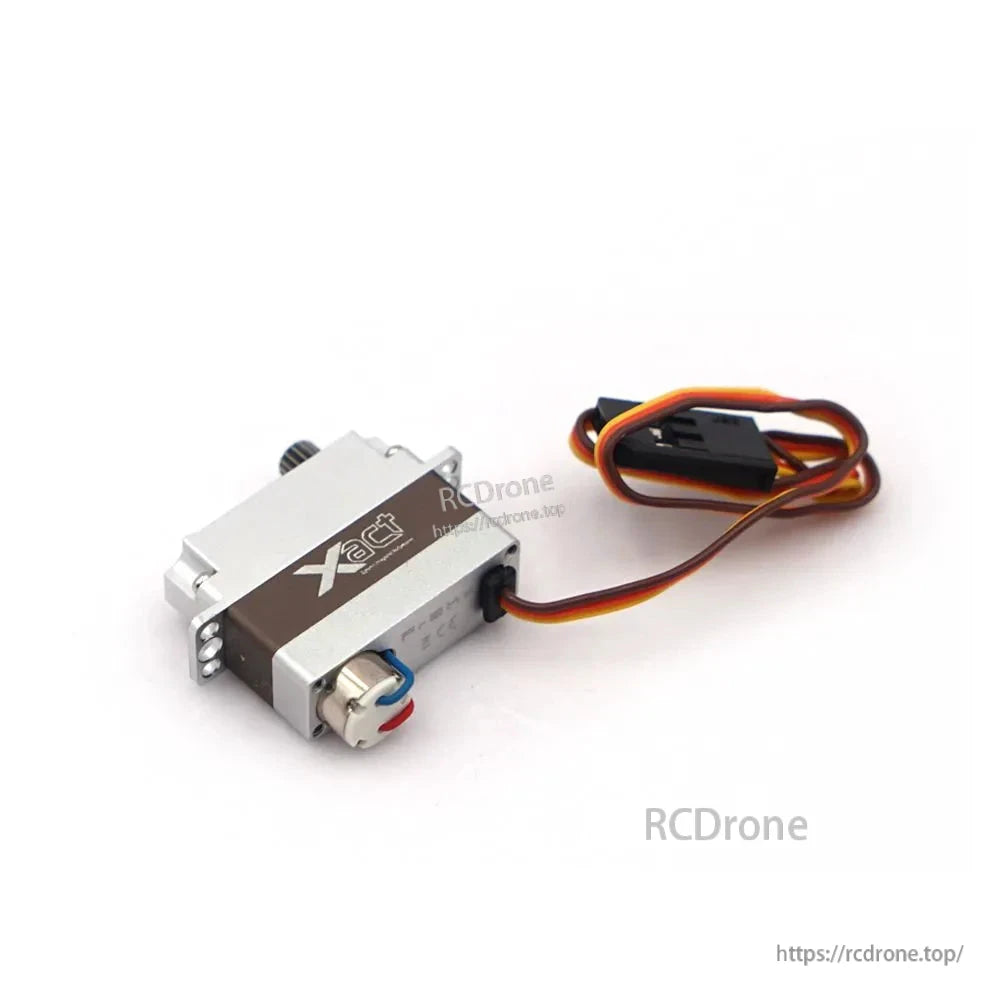 Low-angle side view of Xact servo with bundled lead and receiver-style connector