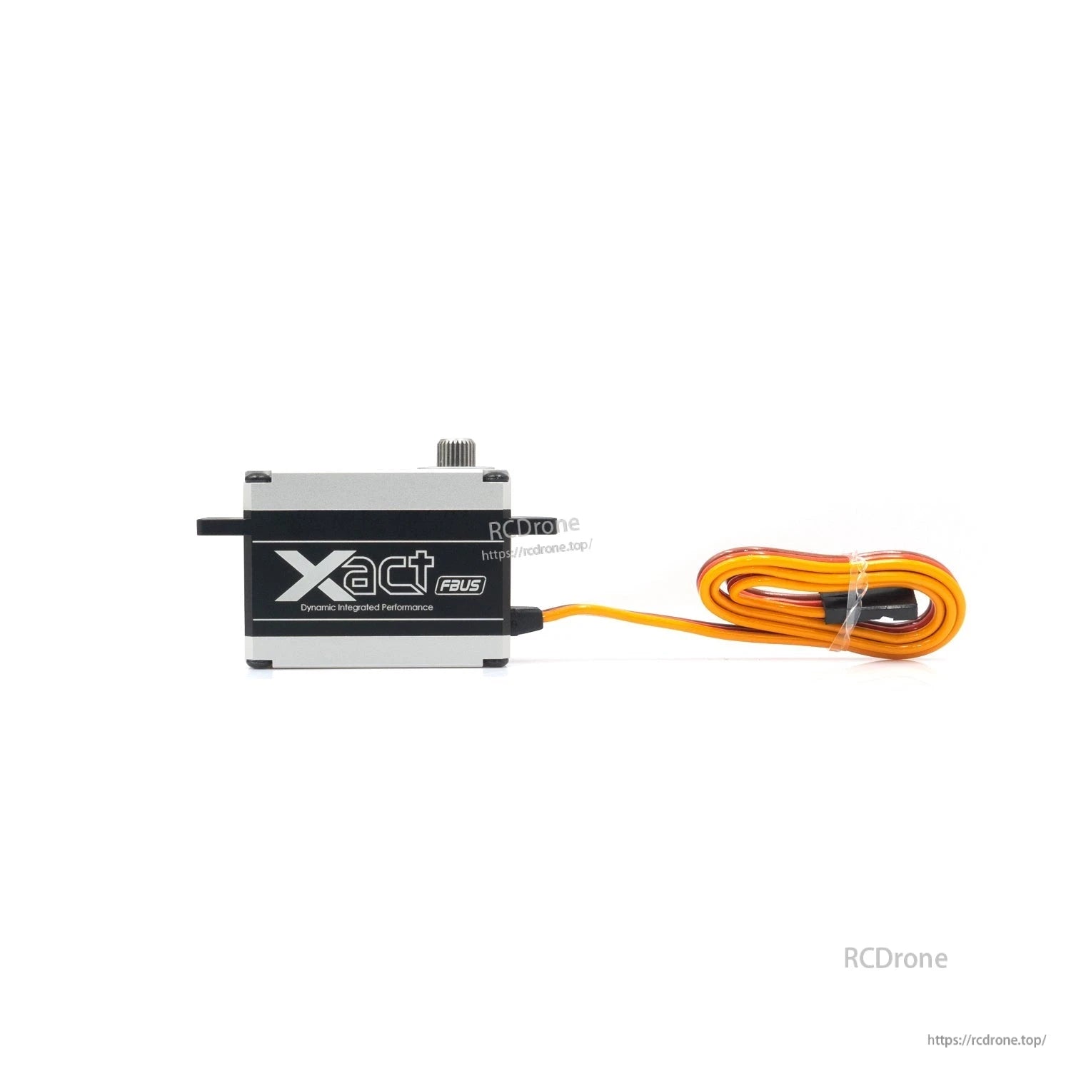 Xact FBUS servo on white background, side label close-up with orange cable and connector tucked in coil