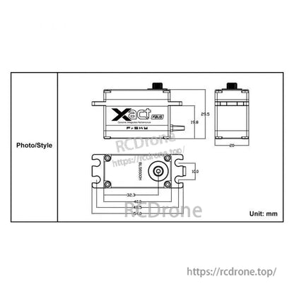 Xact 6500 series servo technical dimension drawing in millimeters with front, side, and top views