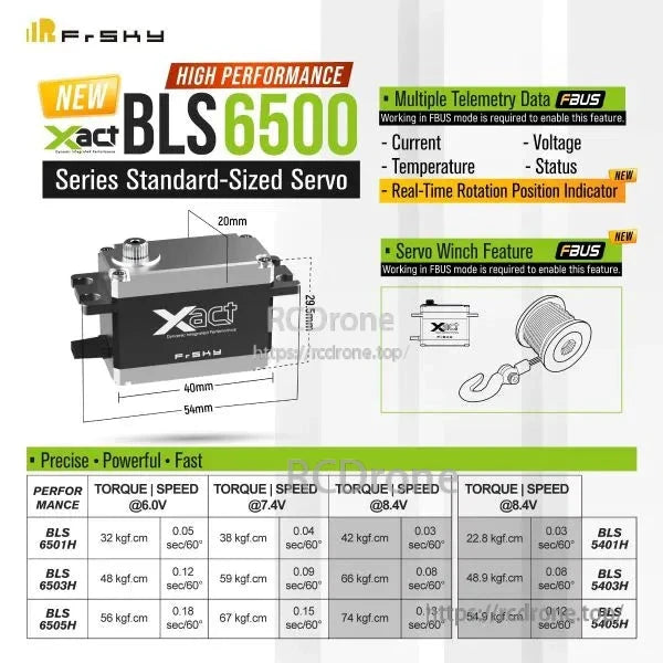FrSky Xact BLS6500 series spec graphic with dimensions, FBUS telemetry data list, and torque/speed table