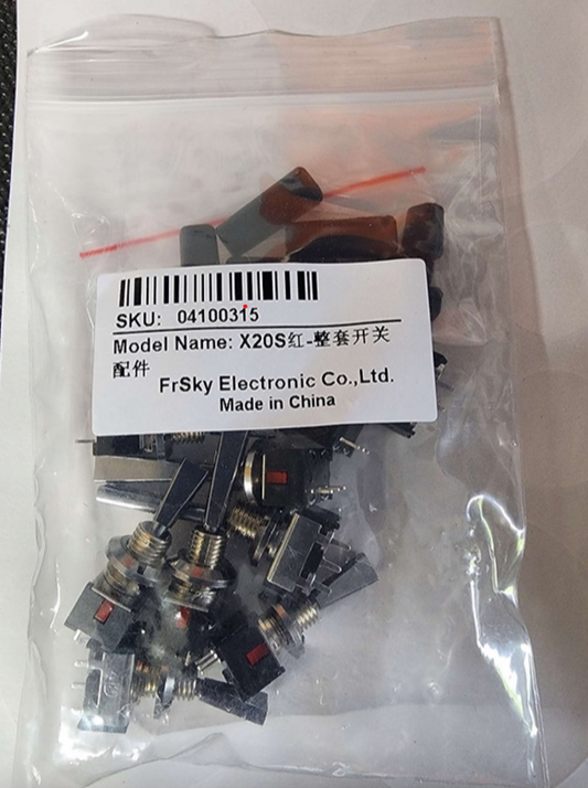 FrSky X20S flat switch upgrade pack in clear bag with SKU 04100315 and model label