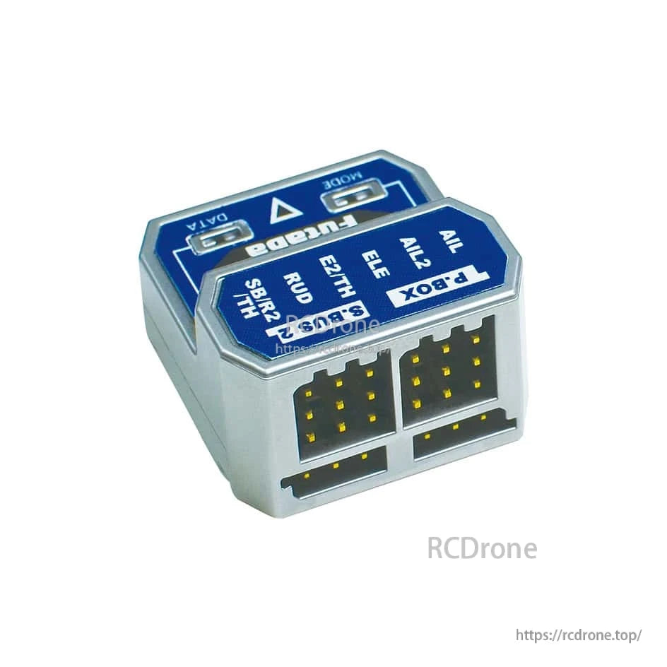 Side angle showing Futaba GYA573 flight controller connector ports and S.BUS2 labeling on top