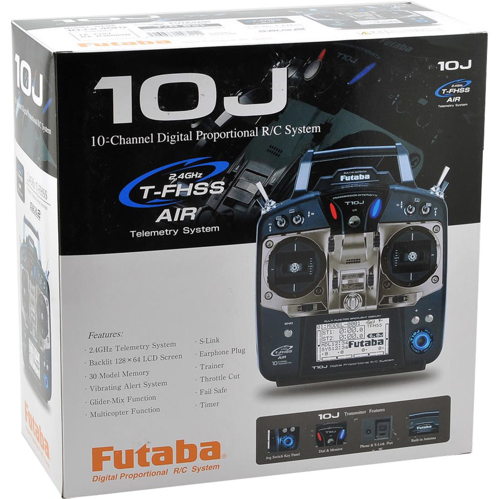 Futaba 10J Transmitter features airss technology with 10 channels. telemetry system. earphone plug. backlit LCD screen. and trainer mode.