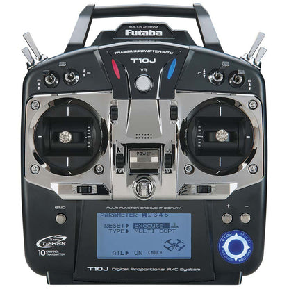 Futaba 10J Transmitter, Futaba transmission diversity for a drone with built-in antenna, TFJOJ V-R power end, and multi-function display parameters.