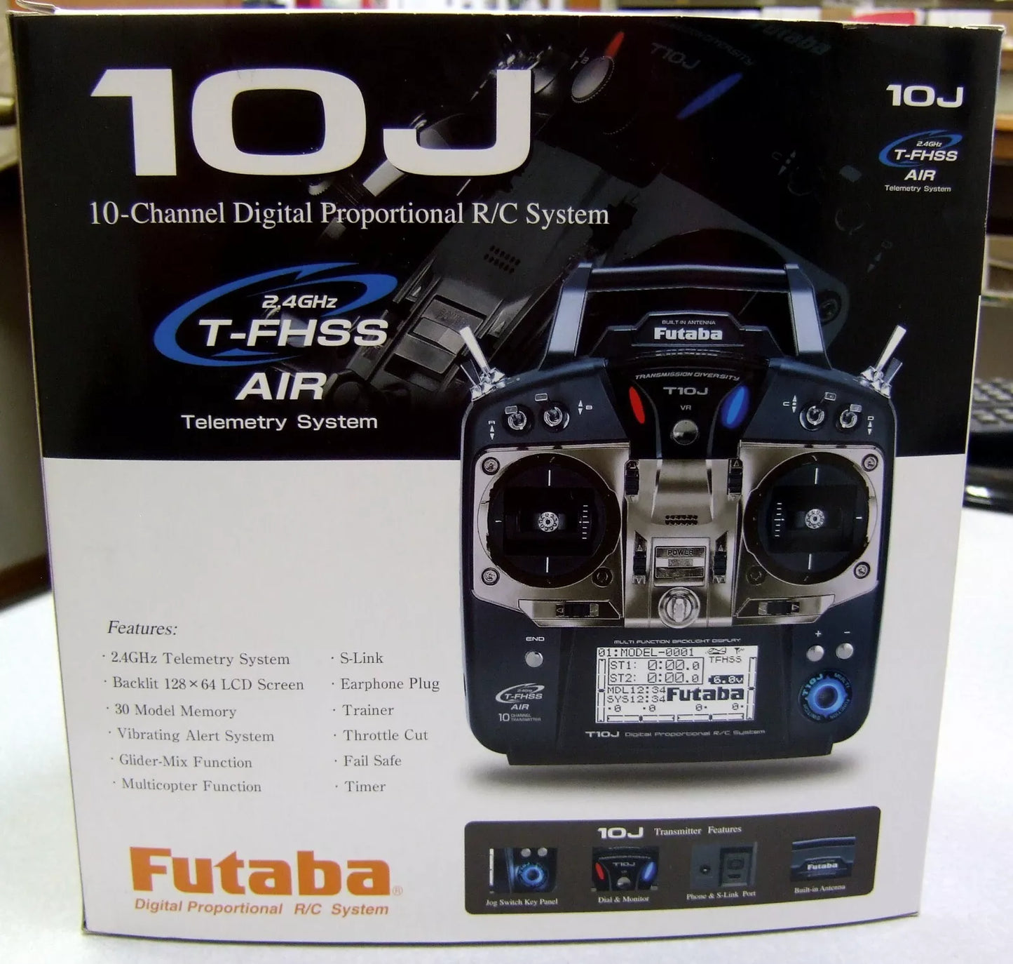 Futaba 10J Transmitter, Futaba 10J transmitter with 10 channels, 2.4GHz frequency, features telemetry, backlit LCD screen, and multiple functions.