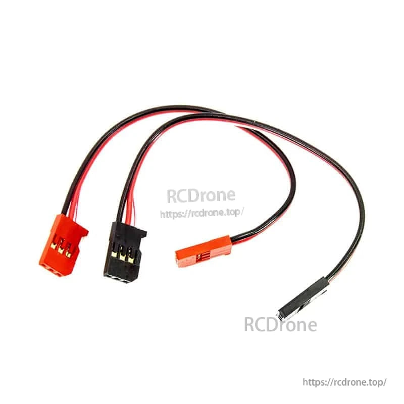 3‑wire RC gyro extension lead showing red and black 3‑pin male connectors and cable length layout