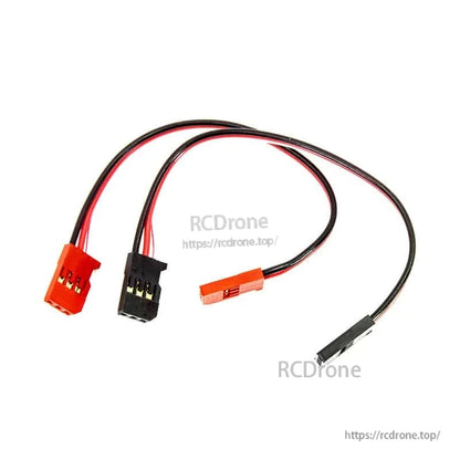 3‑wire RC gyro extension lead showing red and black 3‑pin male connectors and cable length layout