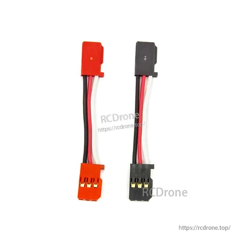 Close view of two 55 mm 3-wire servo extension leads with red and black housings, watermark background