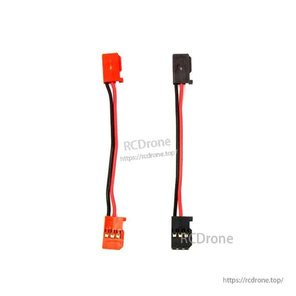 Two short servo extension leads with red/black wiring and mixed-color connector housings (black and orange)