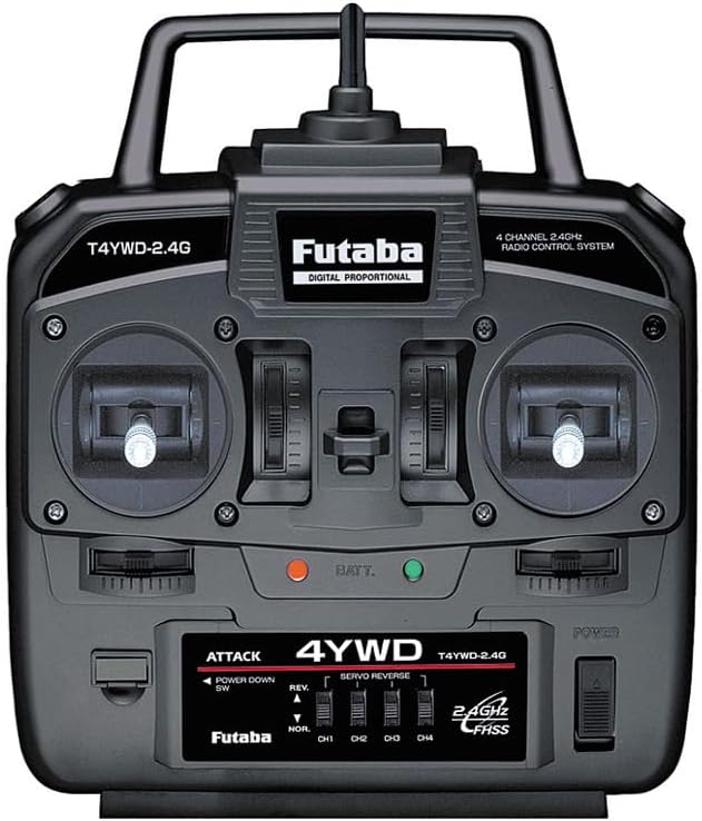 Futaba Attack 4YWD transmitter offers precise control and reliable communication through its 4-channel 2.4GHz radio system.