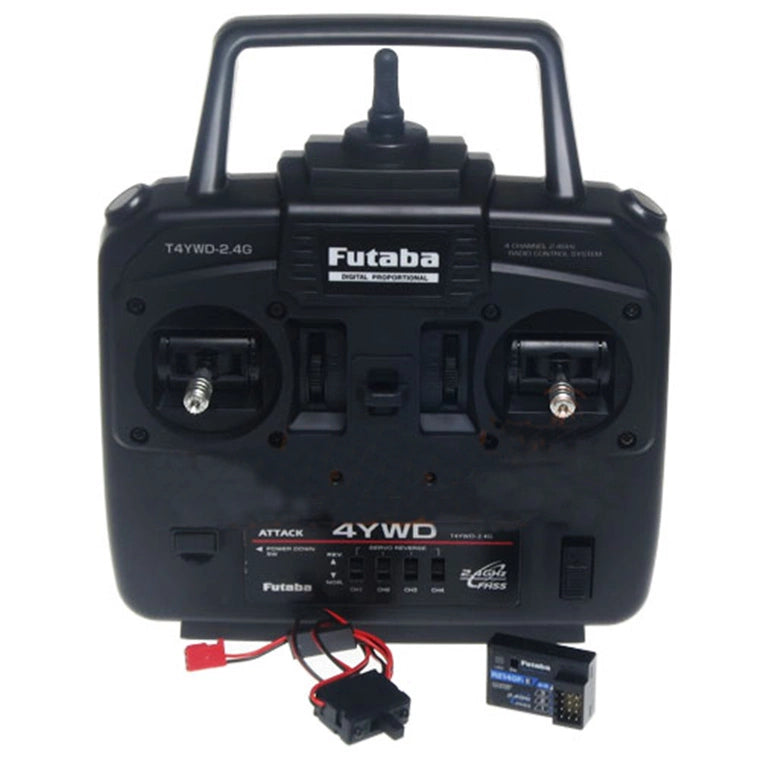 Futaba Attack 4YWD transmitter system for RC cars and trucks with 4-channel and 2.4GHz receiver.