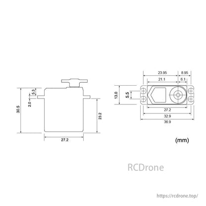 Futaba BLS-A600 servo dimensions are 30.5x27.2mm, 13.0x27.2mm, and 32.9x36.9mm.