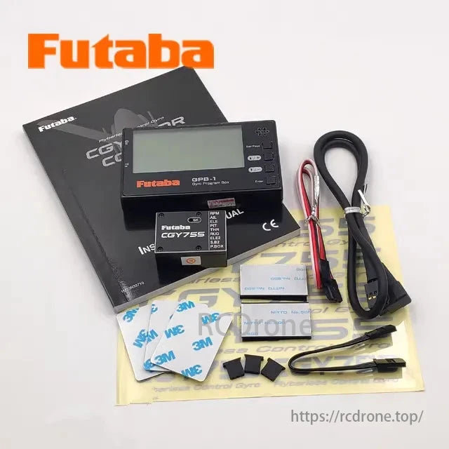 Futaba CGY755 Gyro with GPB-1 programming box, cables, and accessories included. High-quality gyro for model aircraft stabilization.