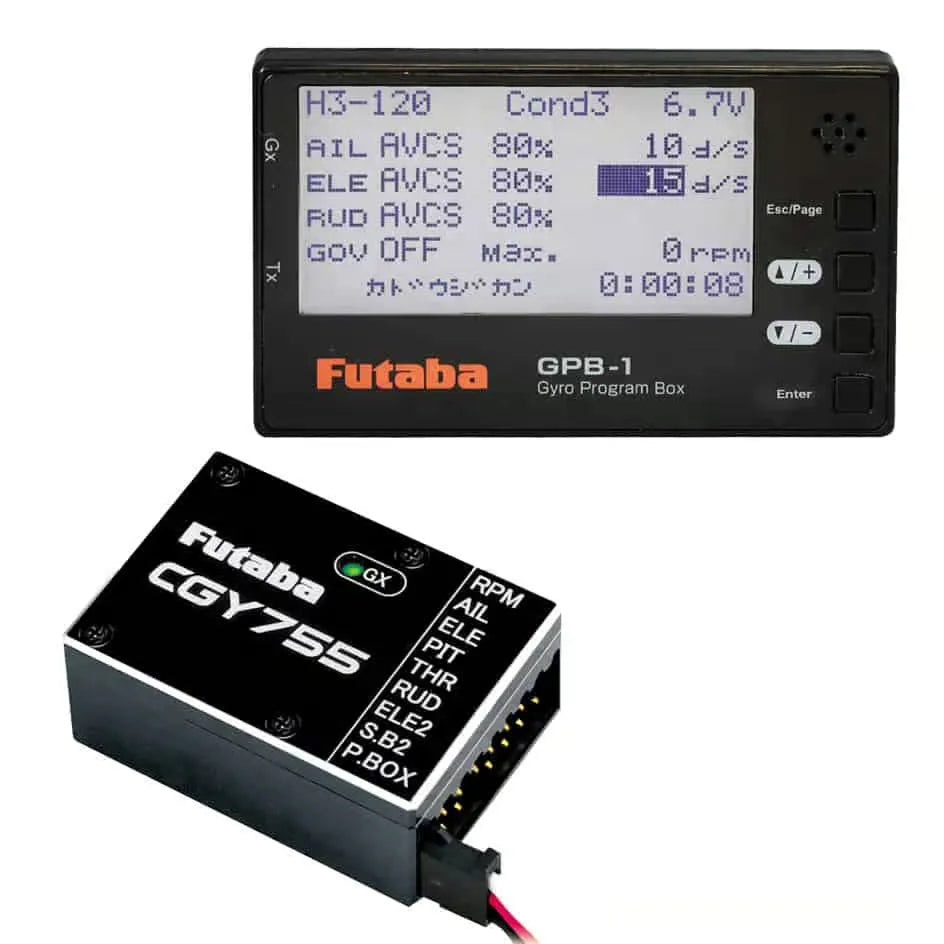 Futaba CGY755 is a 3-axis gyro with S.Bus2 support for 3D helicopters, offering precise control, stability, and customizable settings via GPB-1 Program Box.