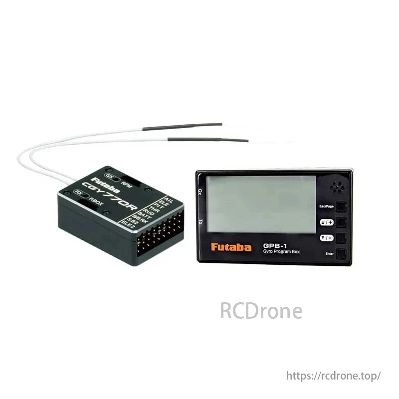 Futaba CGY770R Gyro with GPB-1 programming box for RC models provides advanced stabilization and customizable settings.