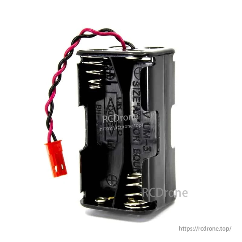 4x AA battery holder pack with twisted red/black wire lead and red connector, angled side view
