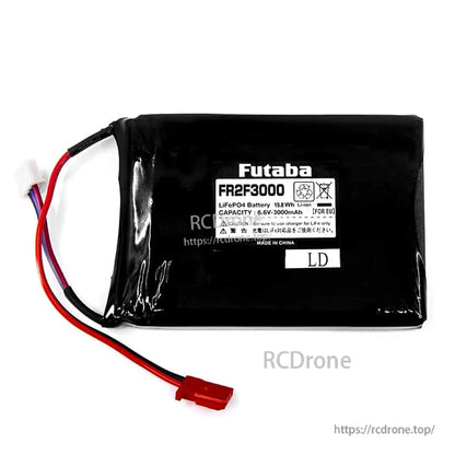 Futaba FR2F3000 label view showing 6.6V 3000mAh marking on black LiFePO4 pack (RCDrone watermark)