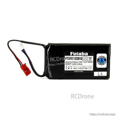 FT2F2100B-V2 battery label close-up showing 6.6V 2100mAh LiFe transmitter pack details and recycle mark