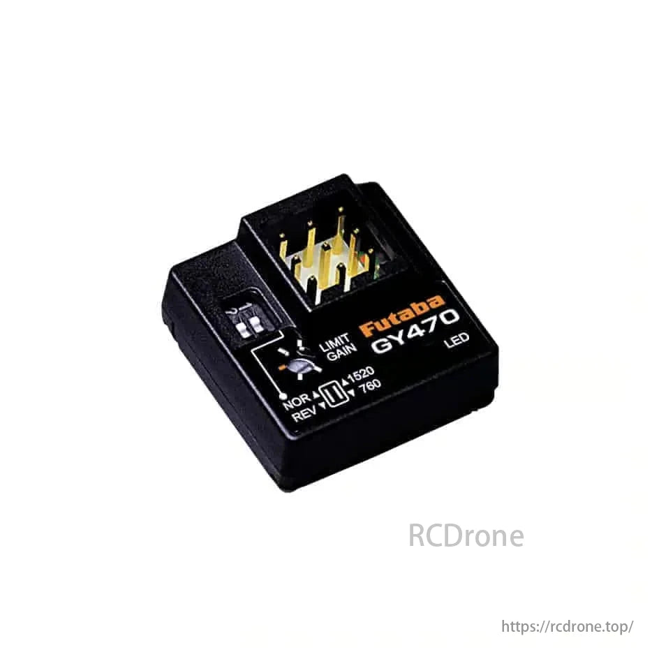 Futaba GY470 Rate Gyro, Futaba GY470 gyro with adjustable LIMIT, GAIN, NOR/REV settings, and LED indicator for compact RC use.
