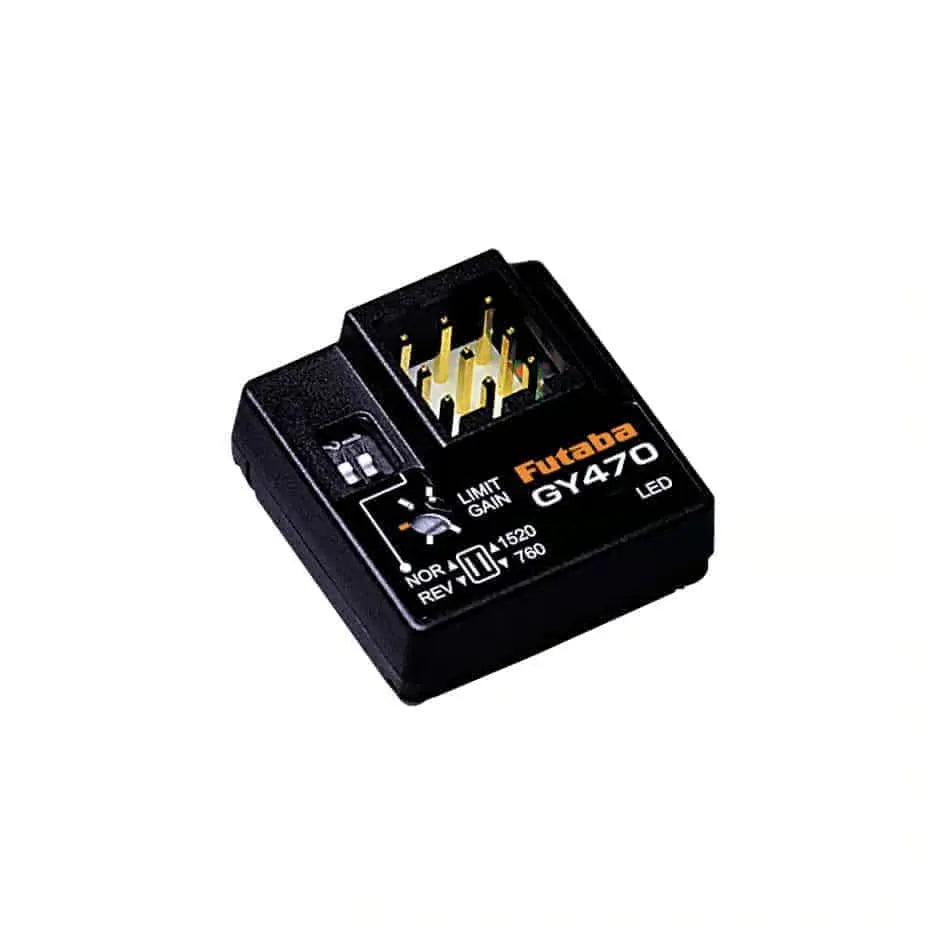 Futaba GY470 is a lightweight RC heli tail gyro with S.Bus support, voltage range 4.2-8.4V, adjustable settings, and LED indicator.