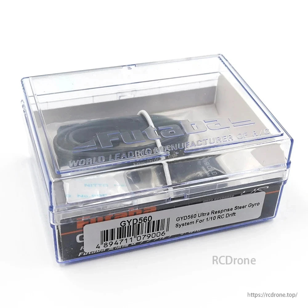 Futaba GYD560 gyro provides precise steering for 1/10 RC drift cars; packaging displays barcode, model number, and branding.