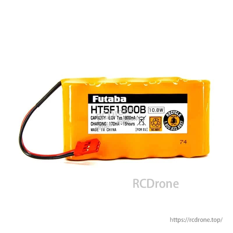 Futaba HT5F1800B battery pack label showing 6.0V, 1800mAh NiMH specs and recycle symbols