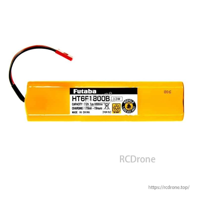 Side view of Futaba HT6F1800B yellow transmitter battery pack showing label and lead wire connector