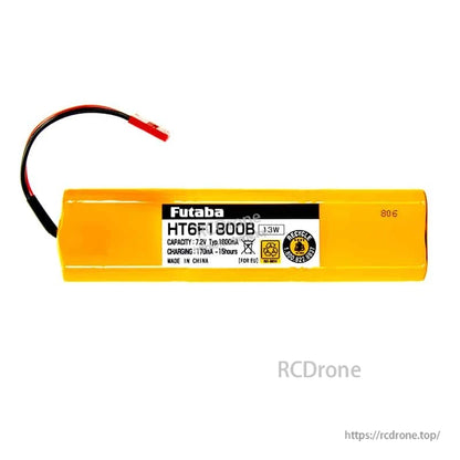 Side view of Futaba HT6F1800B yellow transmitter battery pack showing label and lead wire connector