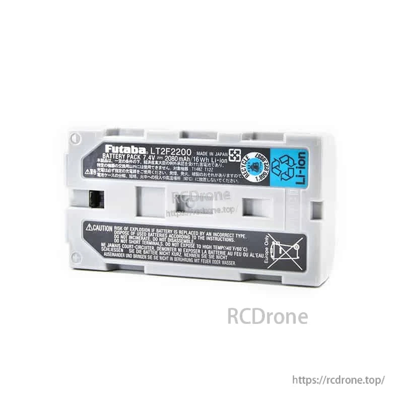 LT2F2200 battery back label close-up with recycling symbols and caution panel (RCdrone watermark)