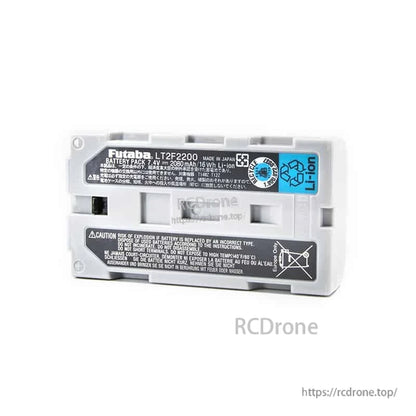 LT2F2200 battery back label close-up with recycling symbols and caution panel (RCdrone watermark)