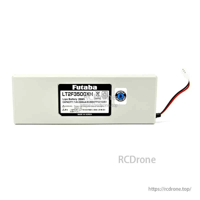 LT2F3500XH transmitter LiPo battery side view highlighting output lead wires and small connector plug