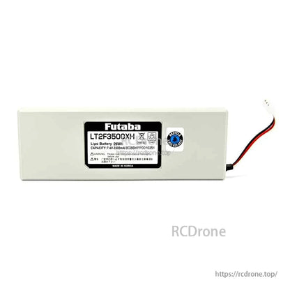 LT2F3500XH transmitter LiPo battery side view highlighting output lead wires and small connector plug