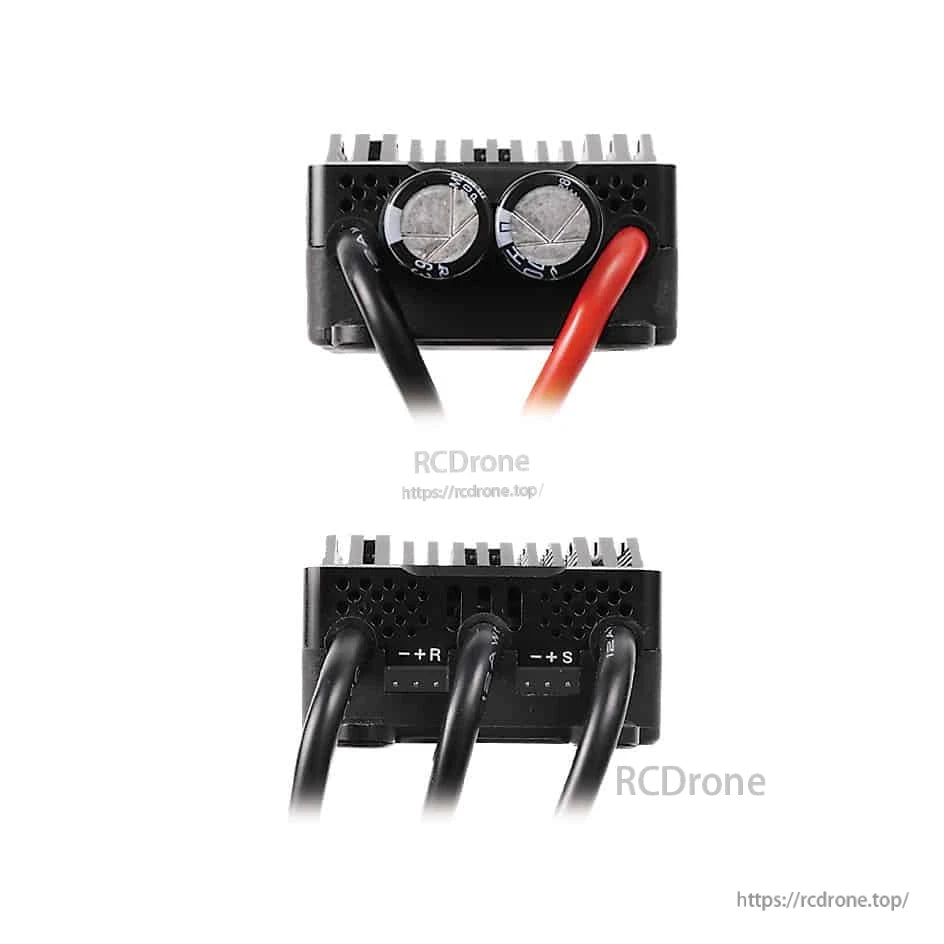 End views of ESC showing capacitor bank and +R/+S motor wire terminals and connectors
