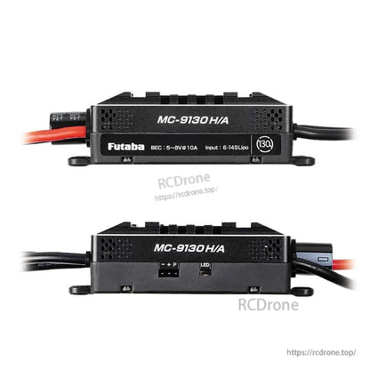 Side profile of MC-9130 H/A showing printed specs (BEC 5–8V, input 6–14S LiPo) and LED/program port