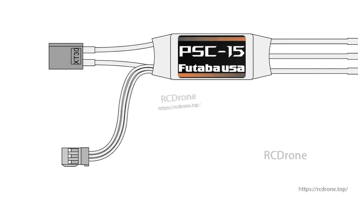 PSC-15 ESC wiring layout showing XT30 battery plug and separate J connector lead on harness