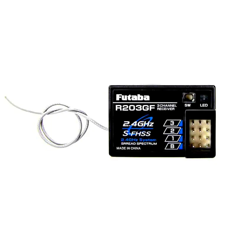 Compact receiver with 2.4 GHz S-FHSS technology for Futaba transmitters, suitable for surface models.